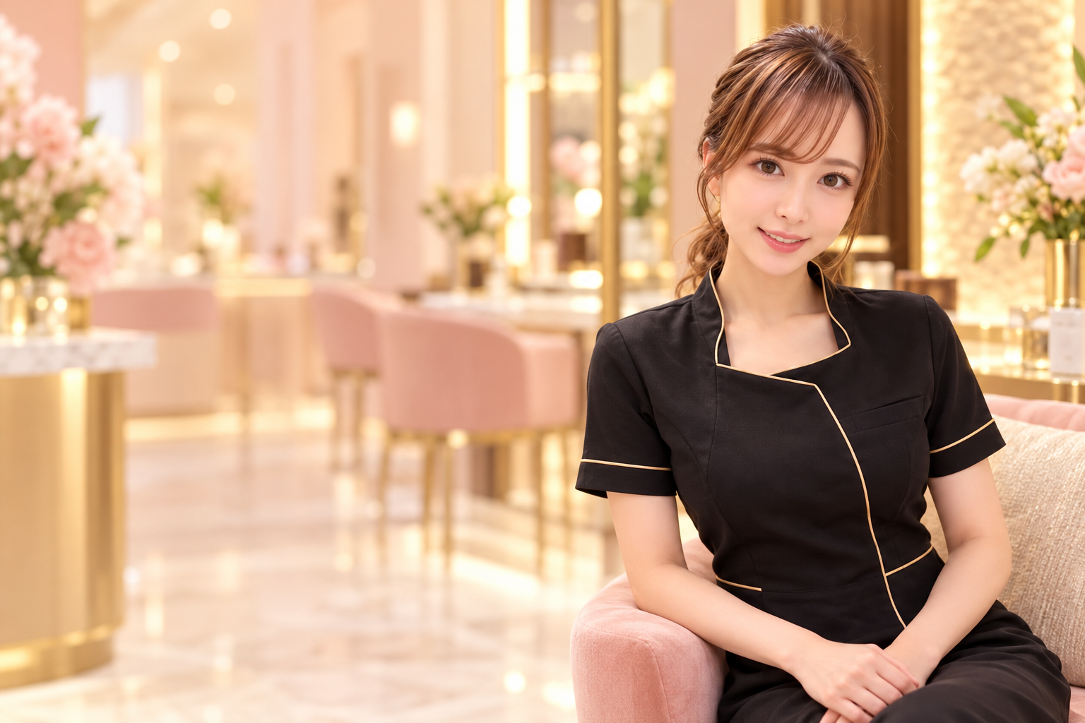 求人動画に登場する黒とゴールドの施術着の女性